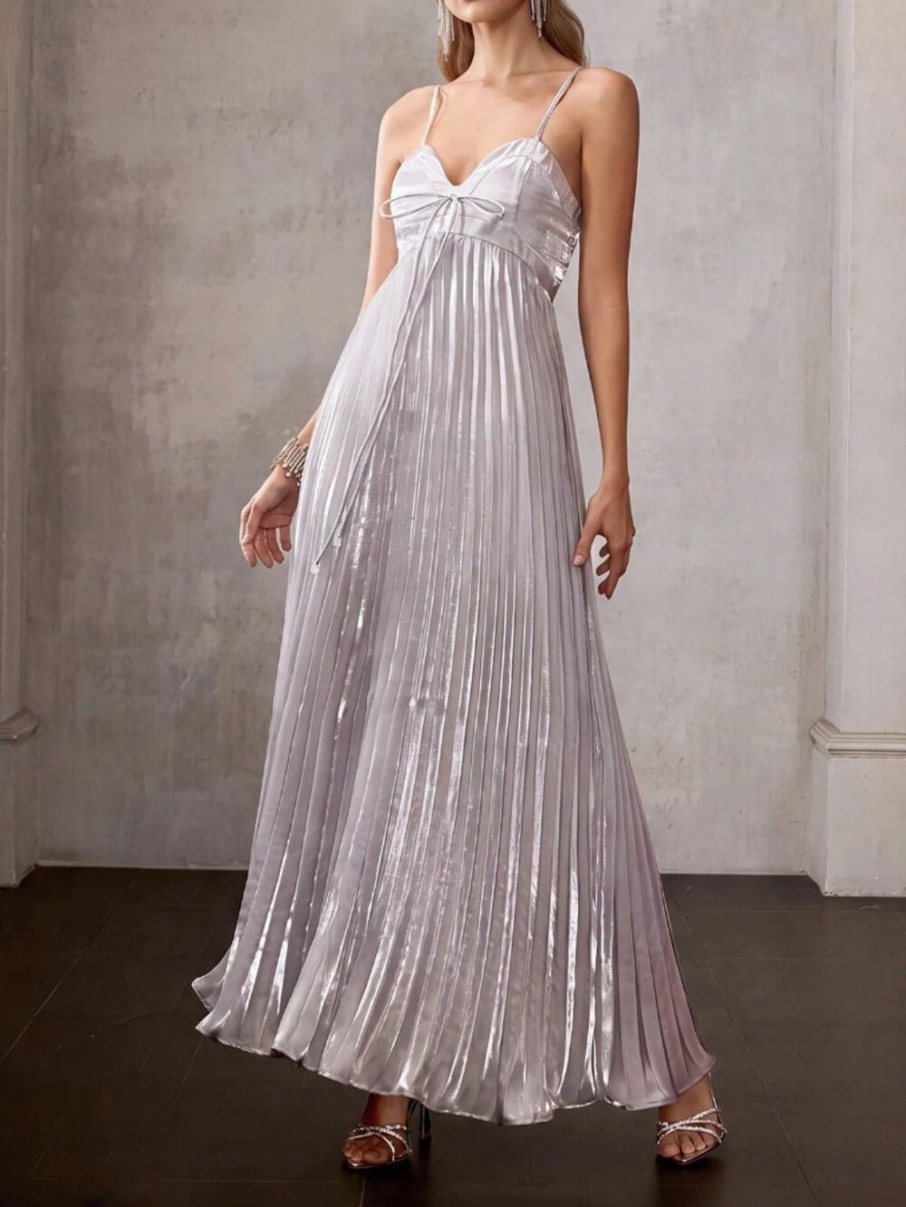 Silver Elegant Women's Premium Bow Bust Pleated Slip Maxi Dress - Picture 4 of 9